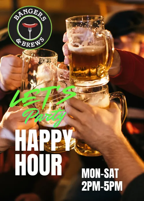Cheers with beer mugs under festive lighting, "Bangers & Brews" logo, happy hour details.